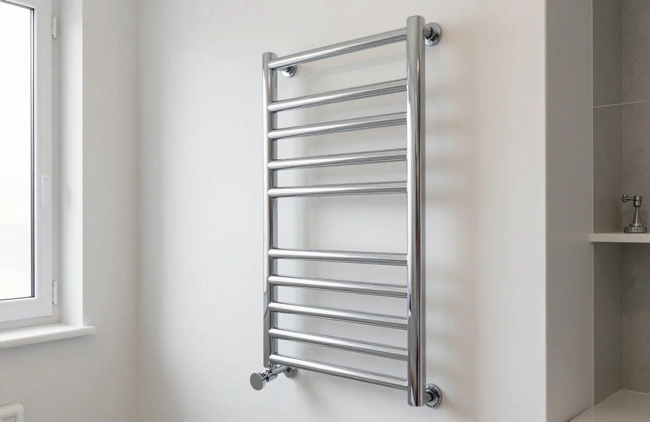 Chrome heated towel rail in a bright bathroom