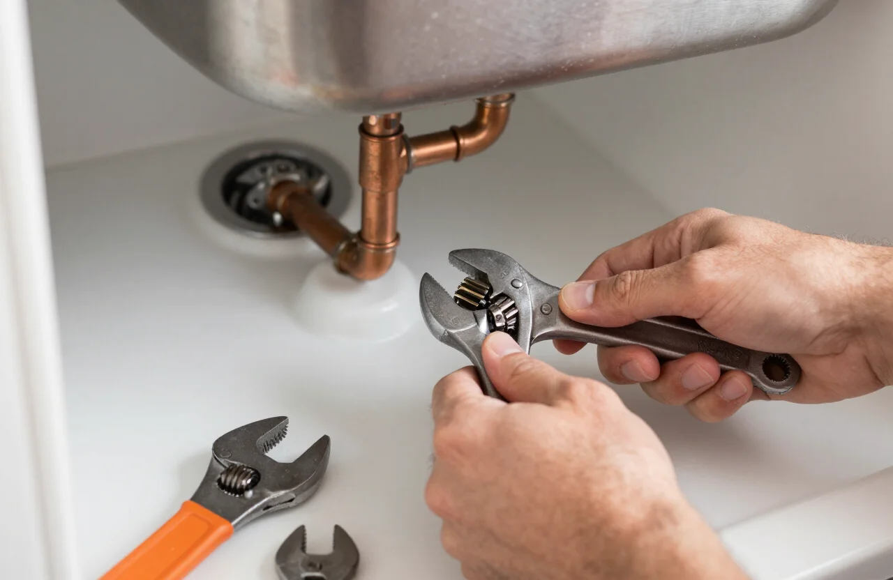 Hands working on copper pipework beneath a basin